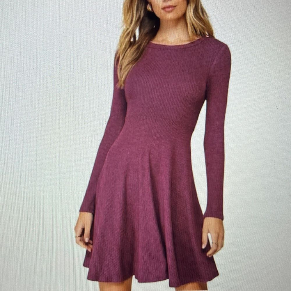 New! Lulus Fit and Fair Mauve Purple Ribbed‎ Knit Long Sleeve Skater Dress Large
